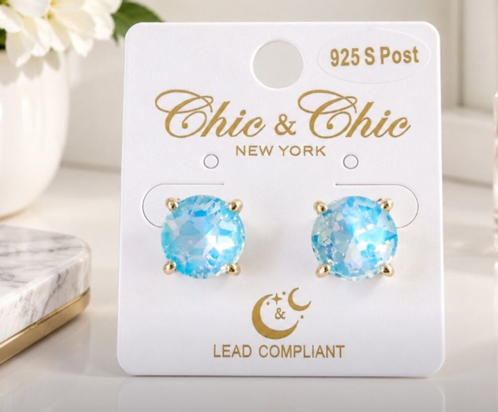 Chic & Chic Blue AB Stone Stud Earrings New
